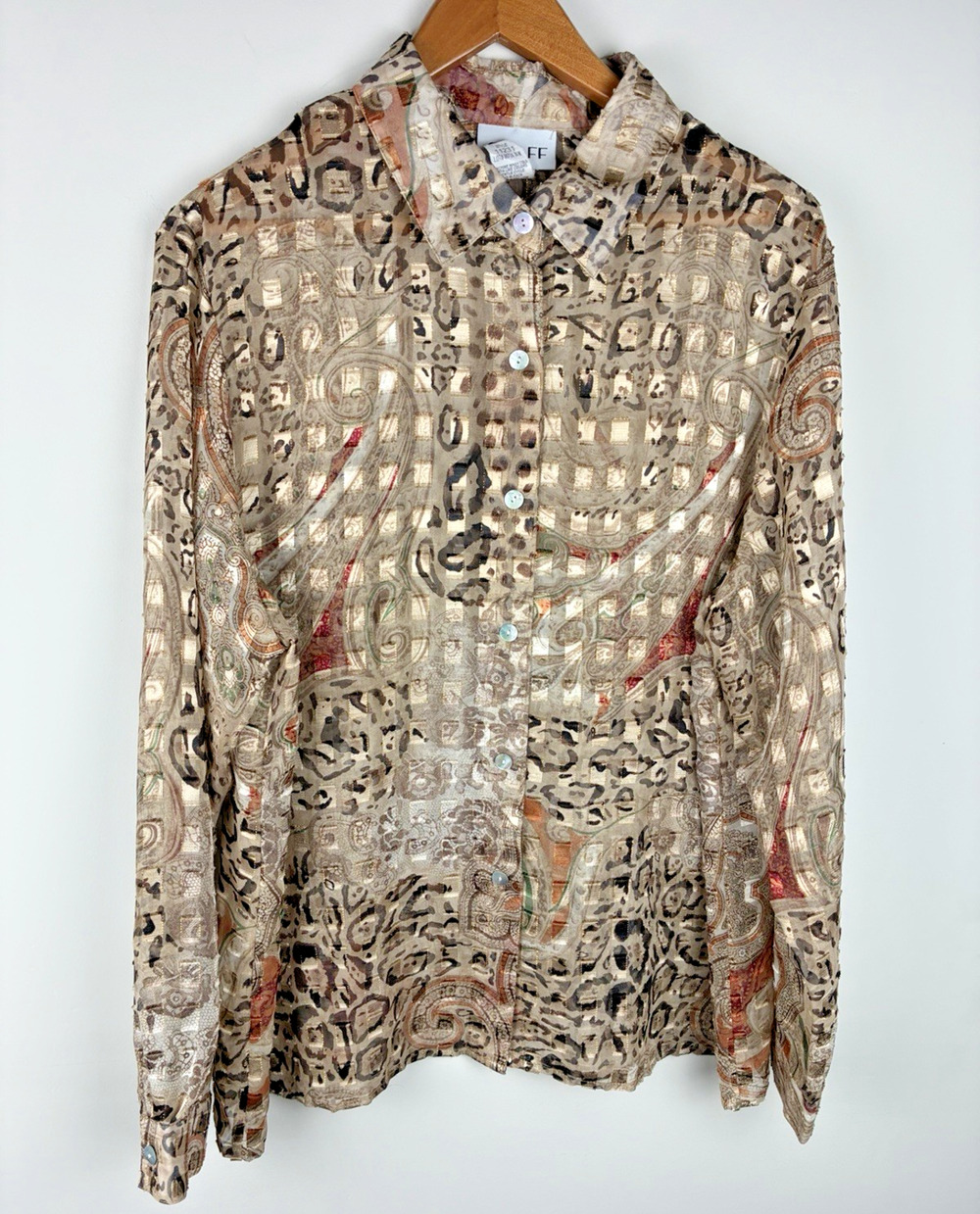 Graff Women’s L Sheer Blouse Animal Paisley Metallic Gold Button Up Y2K Boho